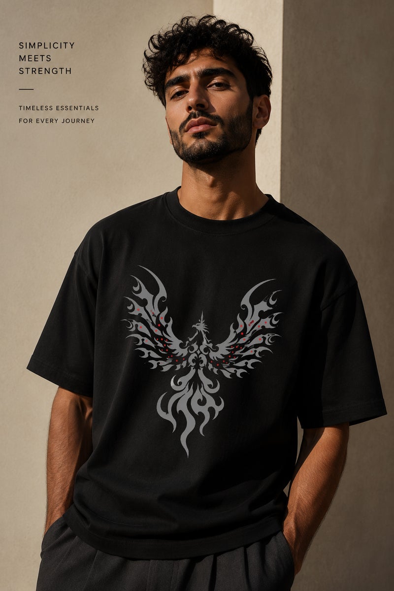 Men's Oversized Black Phoenix Graphic T-Shirt Casual Short Sleeve Crew Neck Streetwear Tee - Image 1