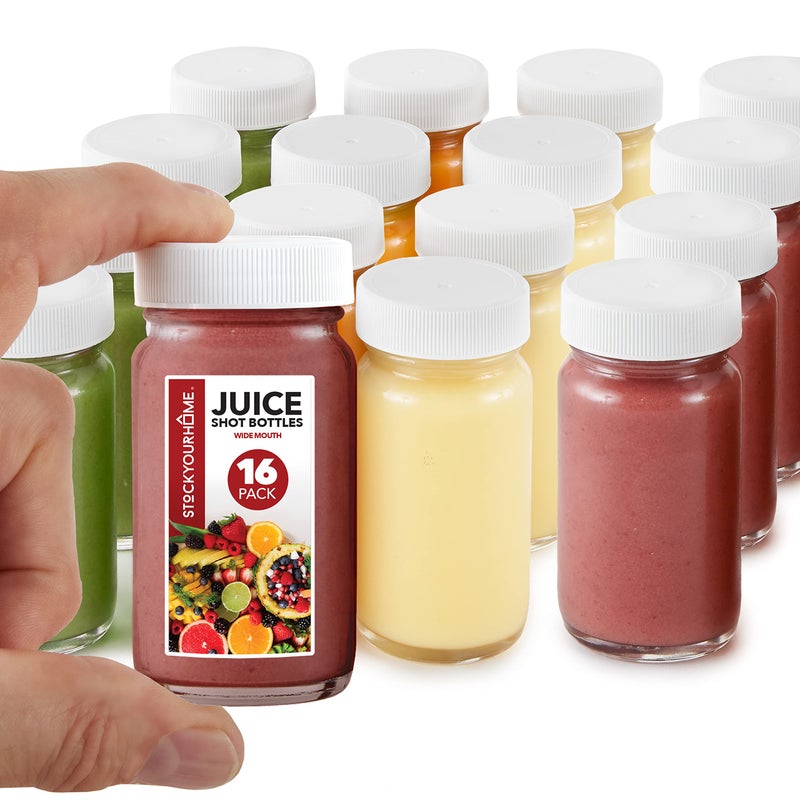 Stock Your Home Glass Shot Bottles with Caps 16 Pack 2 Oz Juice Wellness or Ginger Shots Bottle  Leak Proof Dishwasher Safe Mini Jars with Plastic Lids  Reusable Small Juicing Containers