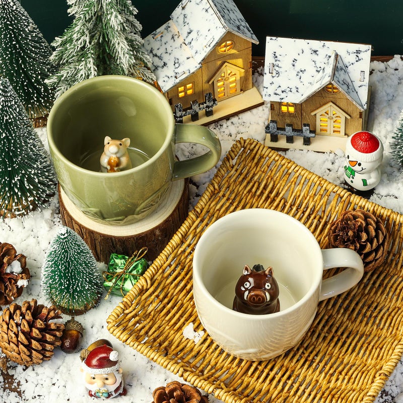 Ewaymado Hamster Ceramic Mug Hidden 3D Animal Inside Cup,Handmade Animal Figurine Teacup,Christmas,Birthday,Mother's Day Gifts for Friends Family or Kids (Sage Green Hamster) - Image 3