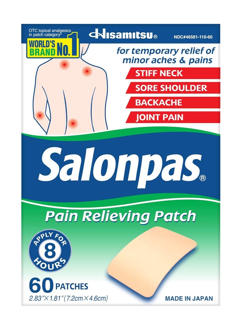 Salonpas Pain Relieving Patch For Back, Neck, Shoulder, Knee Pain And Muscle Soreness - 8 Hour Pain Relief - 60 Count