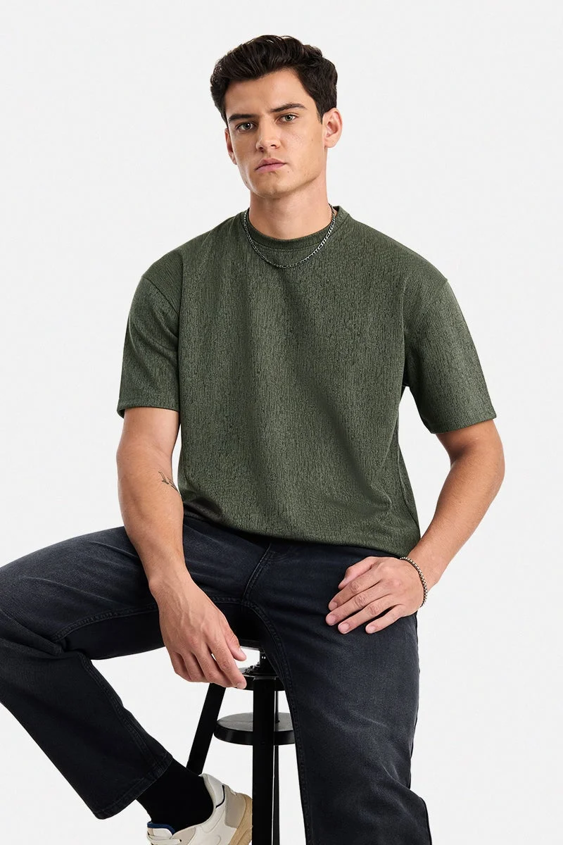 SNITCH Olive Olive Textured Half Sleeve Oversized T-Shirt for Men | Best Price UAE