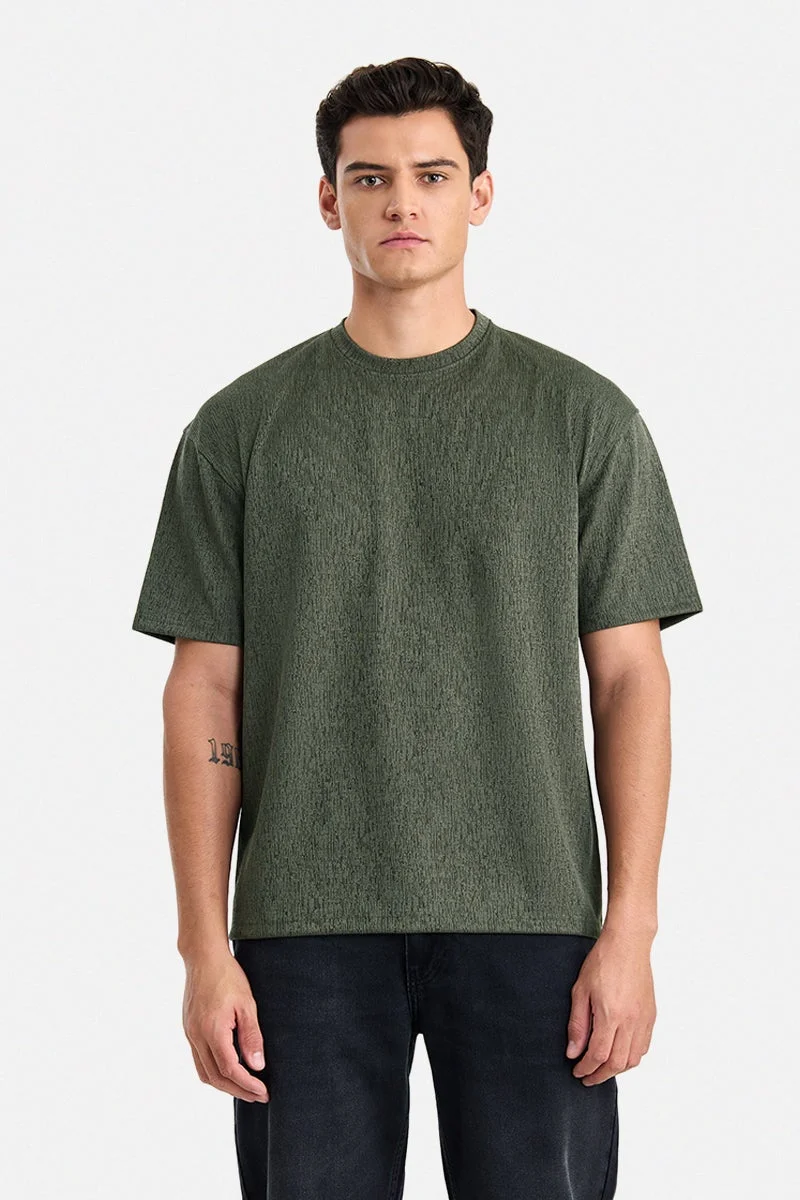 SNITCH Olive Olive Textured Half Sleeve Oversized T-Shirt for Men | Best Price UAE