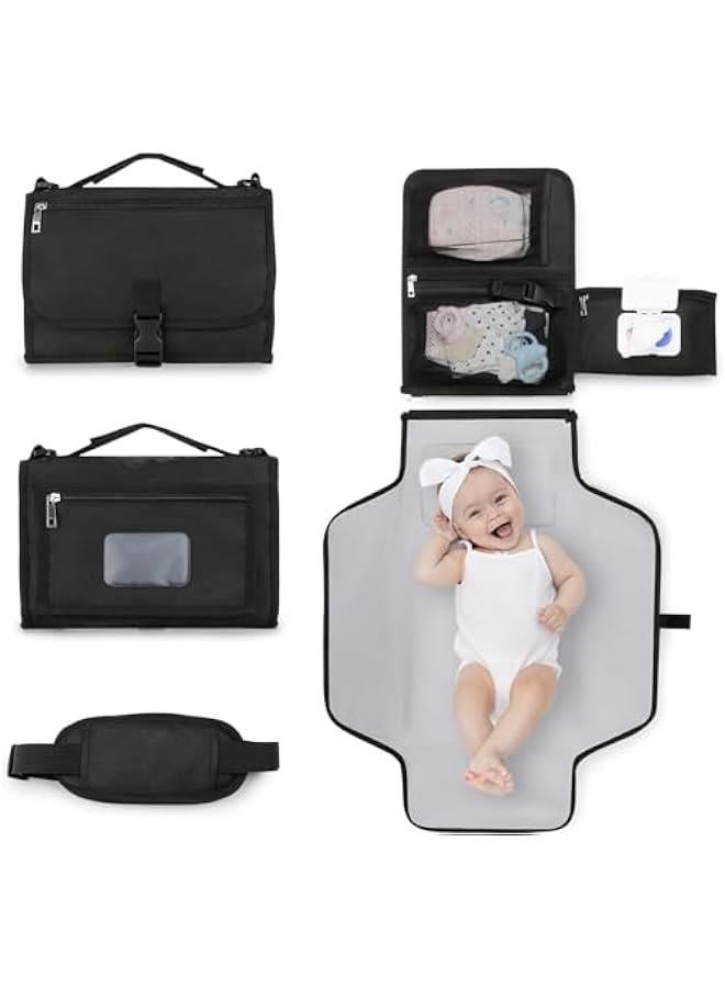 HOOKOR Portable Nappy Changing Mats with Wipes Pocket Travel Baby Changing Pads with Head Cushion for Infants Waterproof Diaper Changing Pads Newborn Essentials (Black) - Image 1