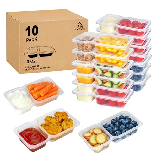 MACTANO Reusable Snack Containers with Lids, 9 oz Double Compartment Plastic Snack Pack Containers Portion Control Meal Prep Snack Boxes BPA Free 10 Sets for Work Travel School - Image 1