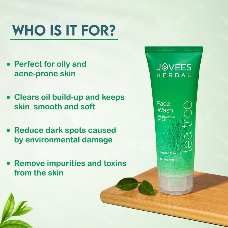 Jovees Herbal Tea Tree Face Wash for Oily Sensitive Skin Paraben AlcoholFree Controls Oil Prevents Breakouts Remove Dead Skin Gentle Cleanser For All Skin Types 120ml Pack of 2 - Image 4