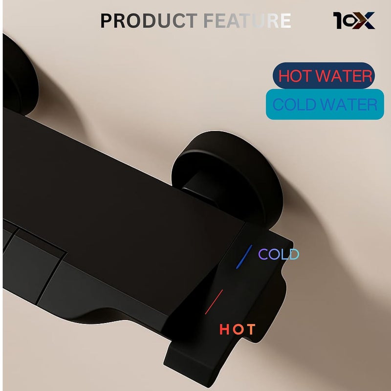 10X All Black Wall Mixer 2 in 1 for Bathroom ZH-7104 | Hot & Cold | Piano Key Controls | Dual Flow (Waterfall & Normal) | Modern Flat Design - Image 5