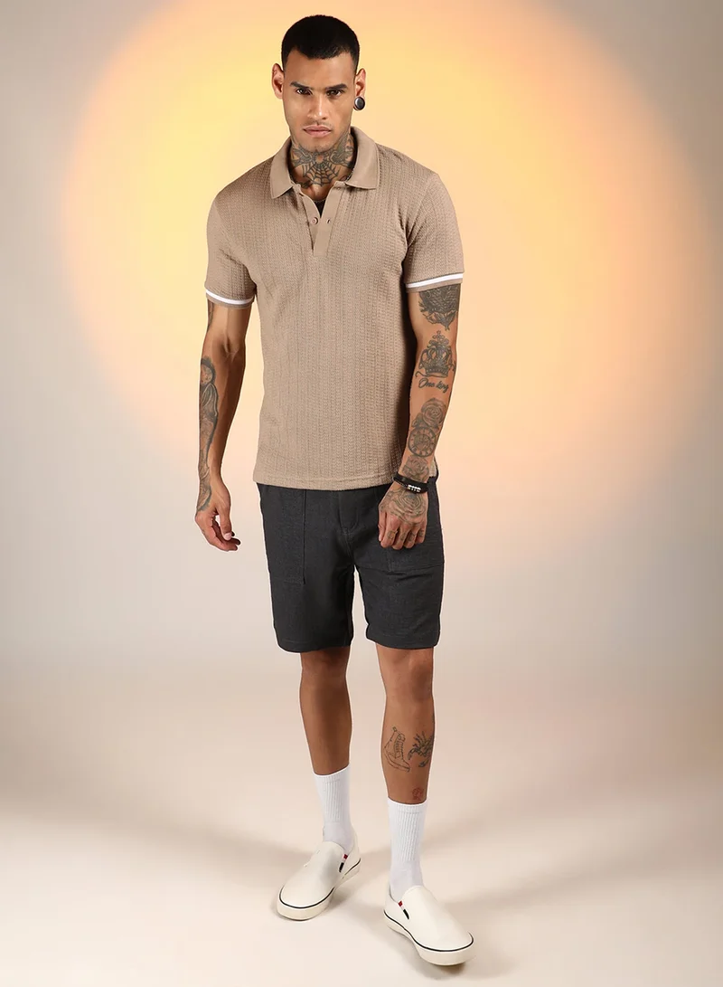CAHOOT  Men's Hazelnut Beige Textured Polo T-Shirt for Men | Best Price UAE