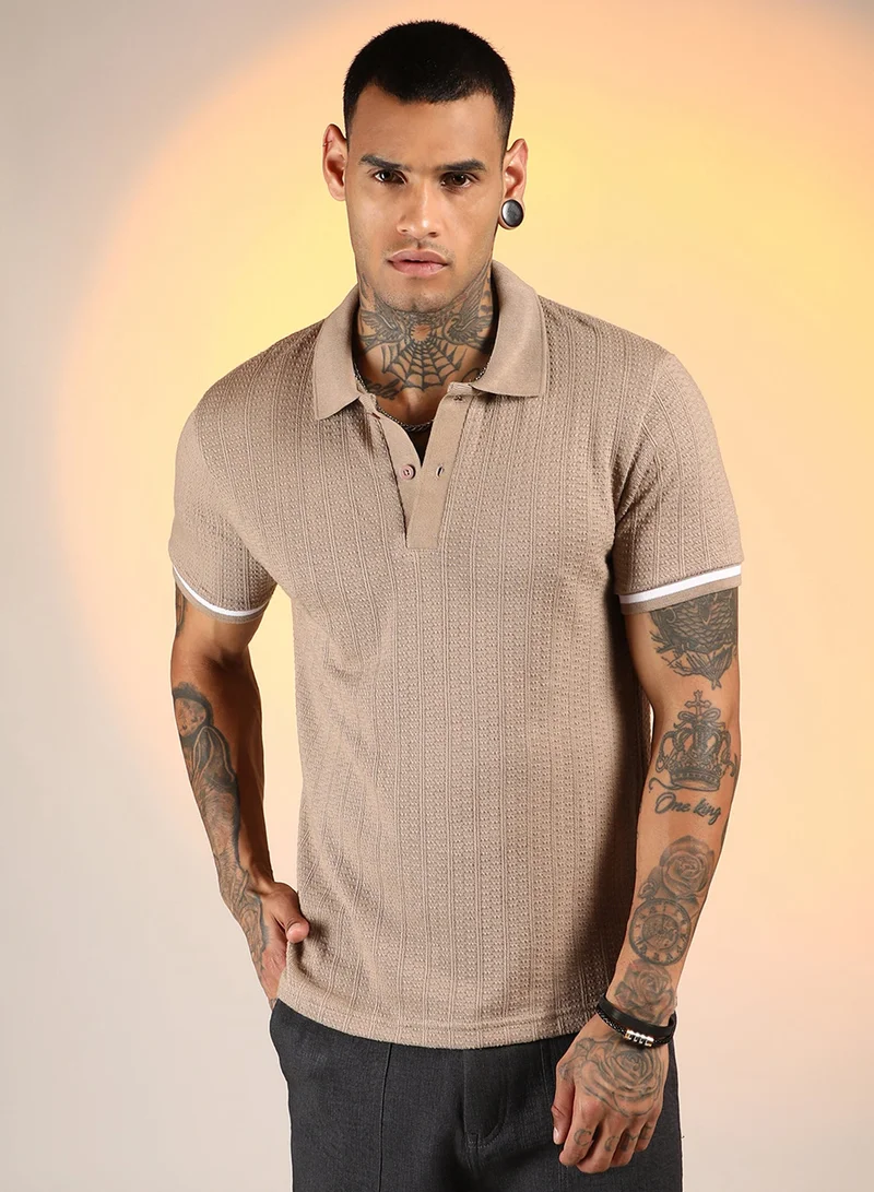 Campus Sutra Men's Hazelnut Beige Textured Polo T-Shirt