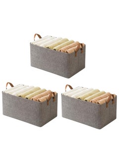 3PCS Foldable Closet Storage Box,Storage Bins Organizer with Handle,Closet Storage Bins with Handles,Closet Shelf Organizer and Storage,Linen Fabric Storage Baskets Washable (Grey)