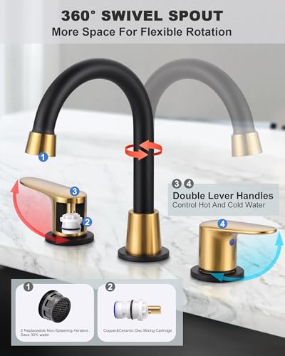 iVIGA Bathroom Faucets for Sink 3 Hole Black and Gold Bathroom Faucet with PushPop Drain and 2 Supply LinesLeadFree 8 Inch Widespread Bathroom Sink Faucets for Restroom Vanity Camper RV Sink - Image 3