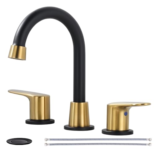 iVIGA Bathroom Faucets for Sink 3 Hole Black and Gold Bathroom Faucet with PushPop Drain and 2 Supply LinesLeadFree 8 Inch Widespread Bathroom Sink Faucets for Restroom Vanity Camper RV Sink - Image 1