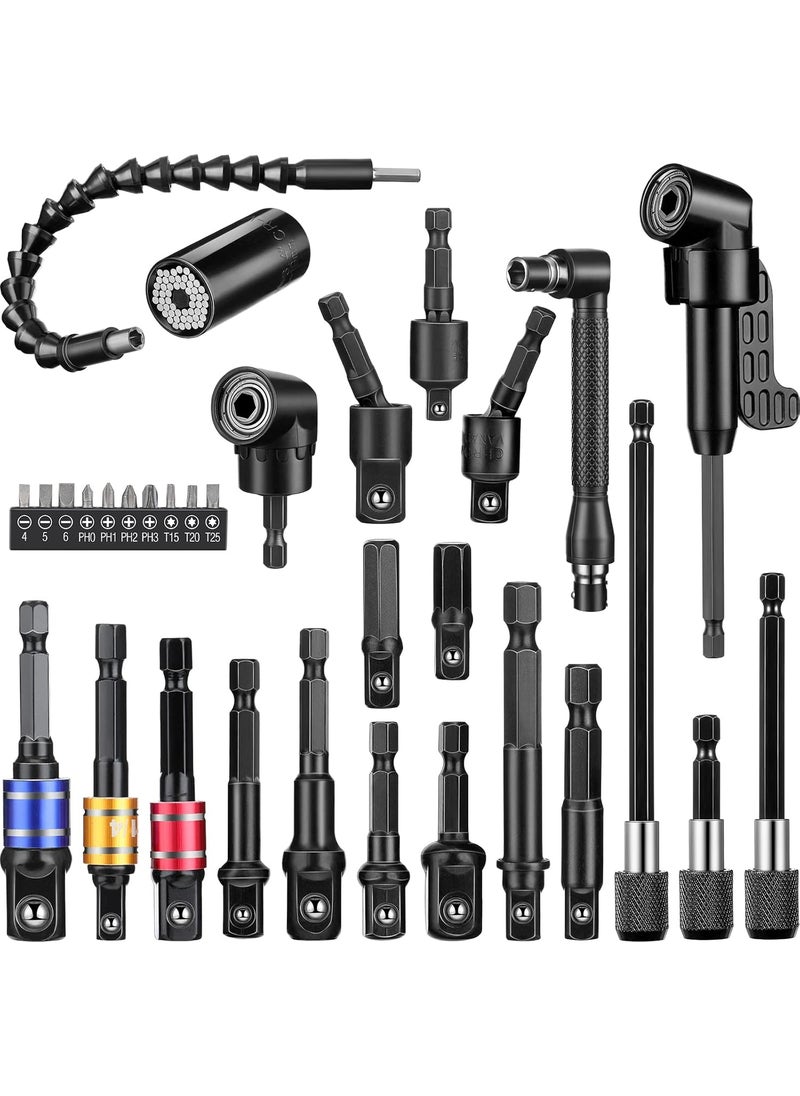 Reginary 32 Pieces Flexible Drill Bit Extension Set Including 105 Right Angle Drill Attachment 14 38 12 Inch Hex Adapter Socket Bendable Magnetic Extender Universal Bit Extension Screwdrive  - Image 1