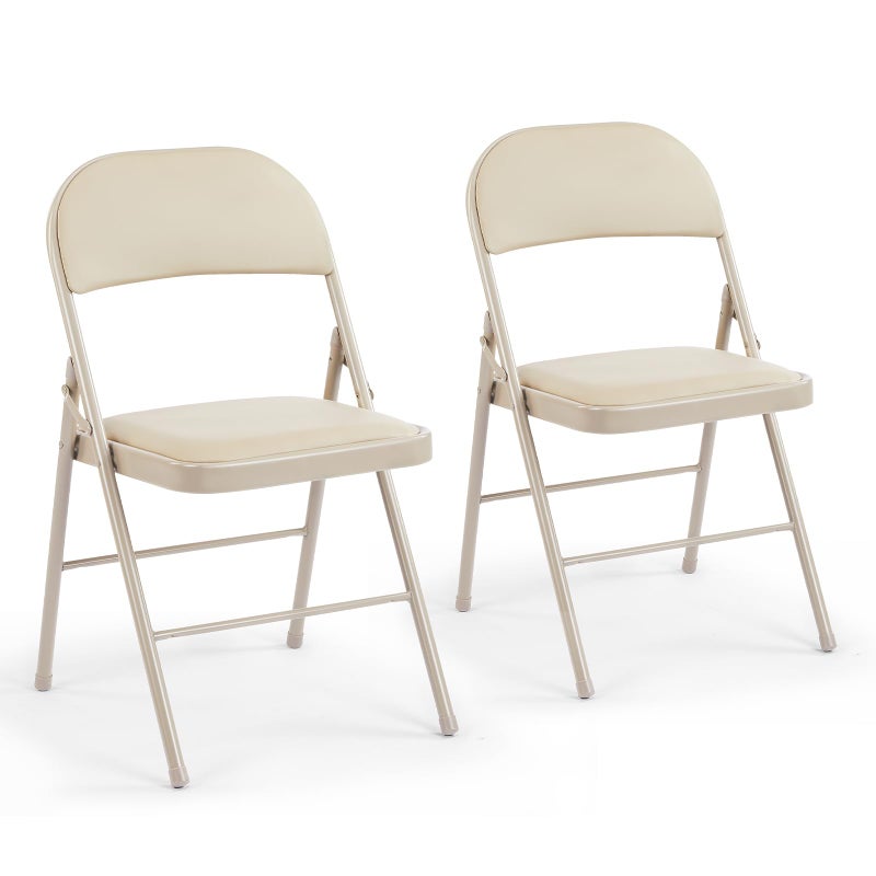 DUMOS 2 Pack Leather Padded Folding Chair, Indoor Outdoor Portable Stackable Commercial Seat with Steel Frame, Capacity for Home, Office, Party, Comfy, Kahki - Image 1