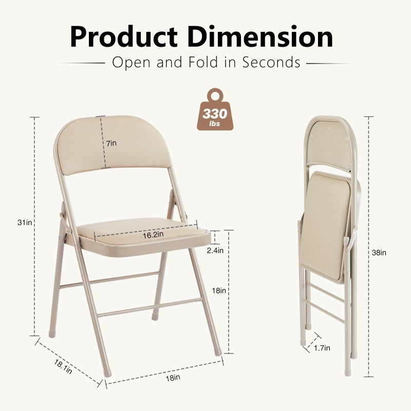 DUMOS 2 Pack Leather Padded Folding Chair, Indoor Outdoor Portable Stackable Commercial Seat with Steel Frame, Capacity for Home, Office, Party, Comfy, Kahki - Image 3