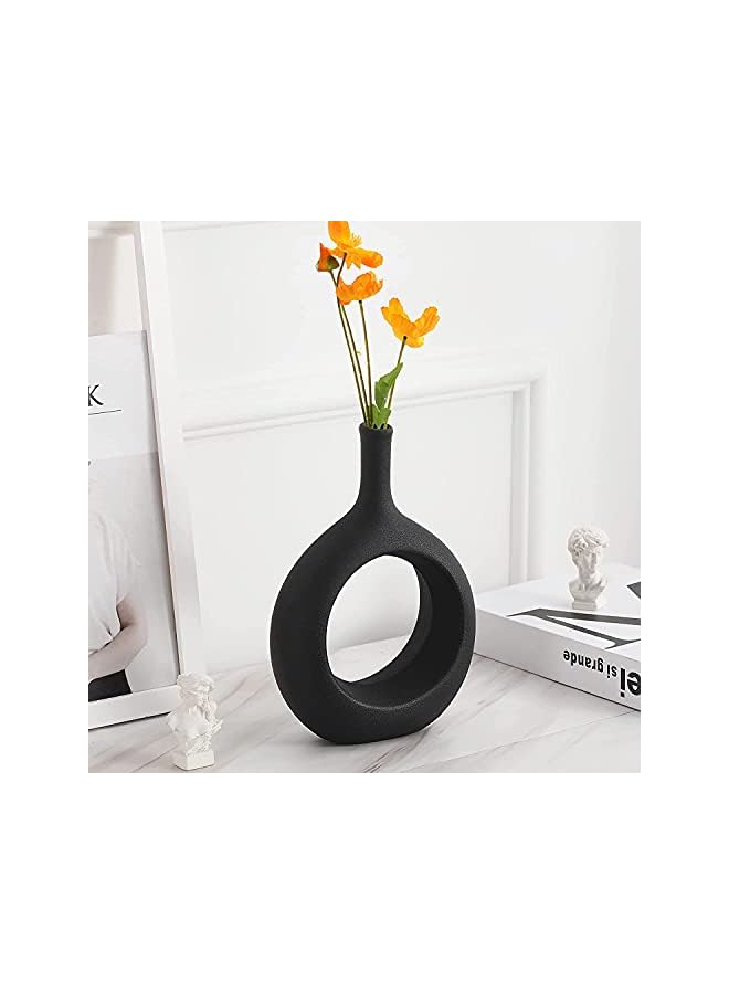 The Bros Ceramic Flower Vase, Hollow Oval Vase for Home Décor Office Decoration, Modern Geometric Vases Figurines Ornament for Living Room Bedroom Dining Table (Short (23.5cm), Black) - Image 2
