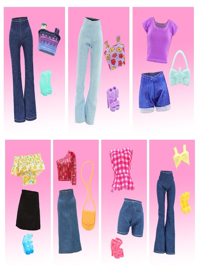 BARWA 17 Pcs Doll Clothes and Accessories for 11.5 Inch Girl Dolls Including 7 Sets Fashion Floral Skirts and Denim Skirts, Casual Tops and Pants with 2 Bags, 5 Shoes, 1 Plaid Picnic Mat - Image 3