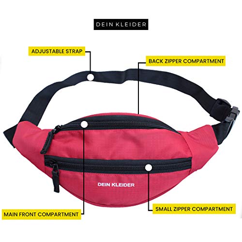 Dein Kleider Waist Pack Travel Handy Hiking Zip Pouch Document Money Phone Belt Sport Bag Bum Bag for Men and Women Nylon (Red) - Image 3