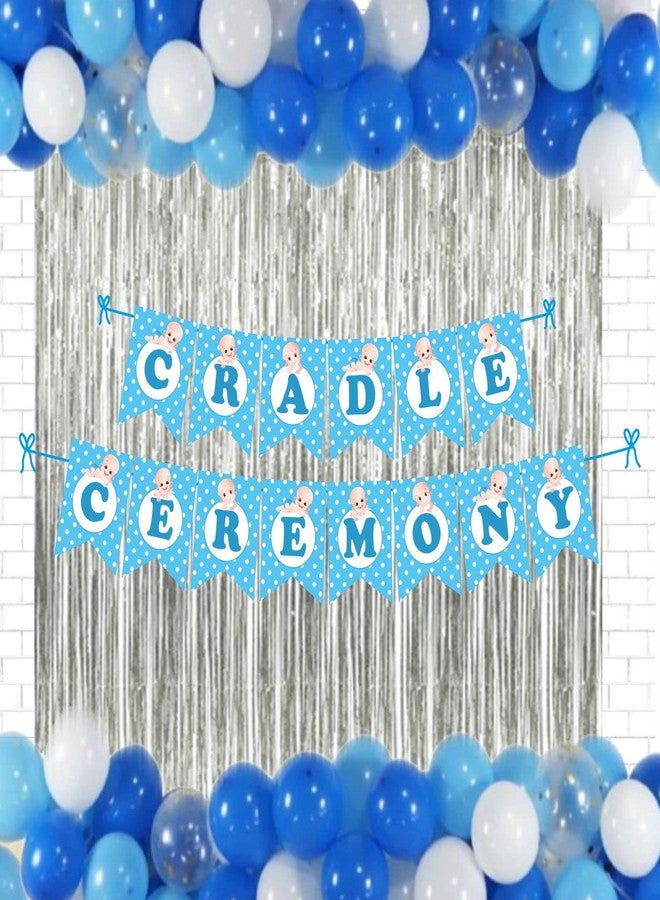 Untumble Cradle Ceremony/Naming Ceremony Decoration Items For Baby Boy With Foil Curtains, Banner And Balloons (Pack Of 42 Pcs) - Image 1