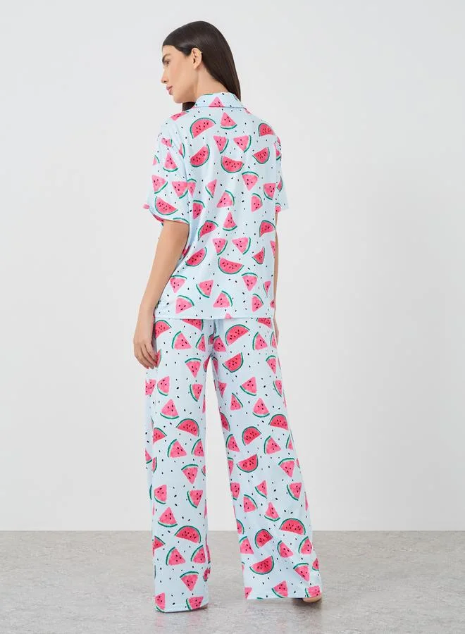 Take Two Take Two Watermelon Print Short Sleeve Shirt and Pyjama Set