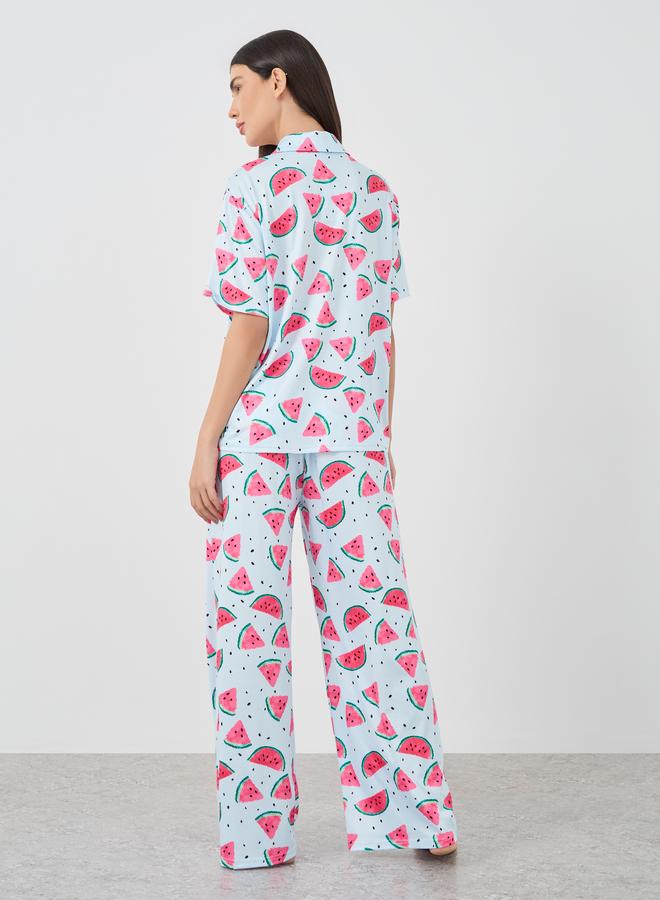 Styli Watermelon Print Short Sleeve Shirt and Pyjama Set - Image 4