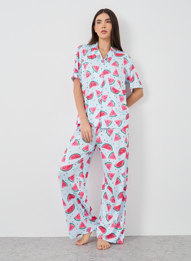 Styli Watermelon Print Short Sleeve Shirt and Pyjama Set - Image 1