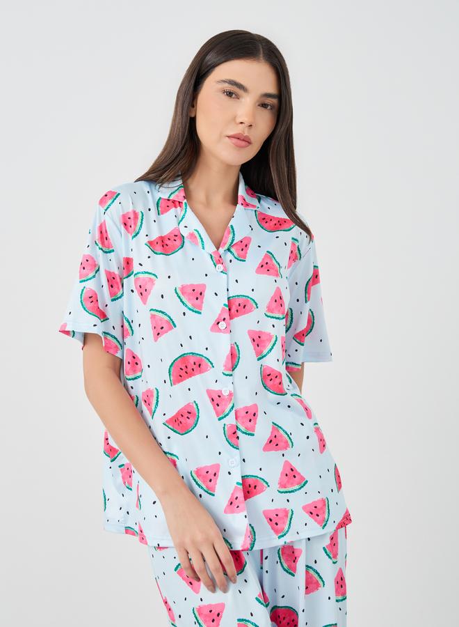 Styli Watermelon Print Short Sleeve Shirt and Pyjama Set - Image 2