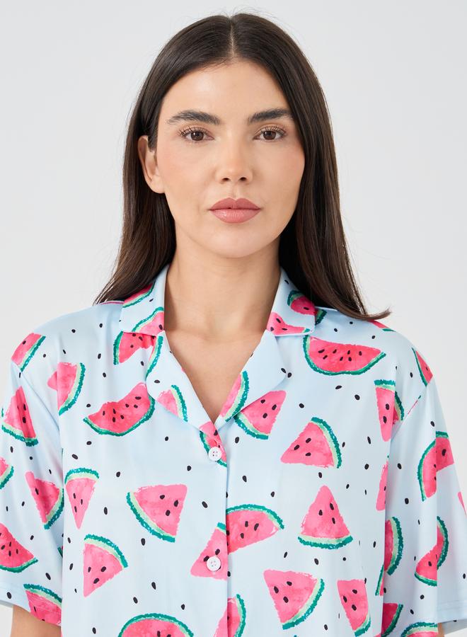 Styli Watermelon Print Short Sleeve Shirt and Pyjama Set - Image 3