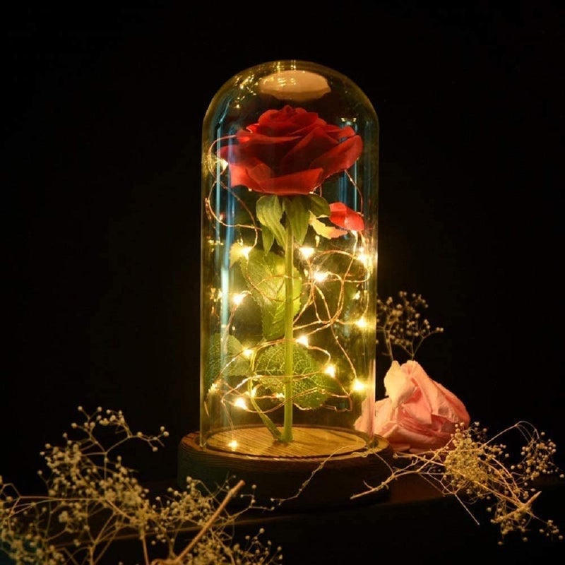 SW Preserved Rose Enchanted Rose Red Silk Rose in Glass Dome with LED Lights Pine Base Romantic Home Decor Gifts for Mom Women Valentines Day Christmas Mothers Day Wedding Anniversary Birthday - Image 1