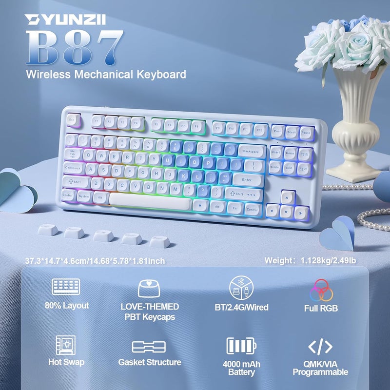 YUNZII B87 Wireless Mechanical Keyboard,QMK/VIA Custom Gaming Keyboard,Gasket RGB Keyboard with Cute MOA Keycaps,Wrist Rest,BT5.0/2.4G/USB-C NKRO for Win/Mac (Blue Heart, Cocoa Cream V2 Switch) - Image 2