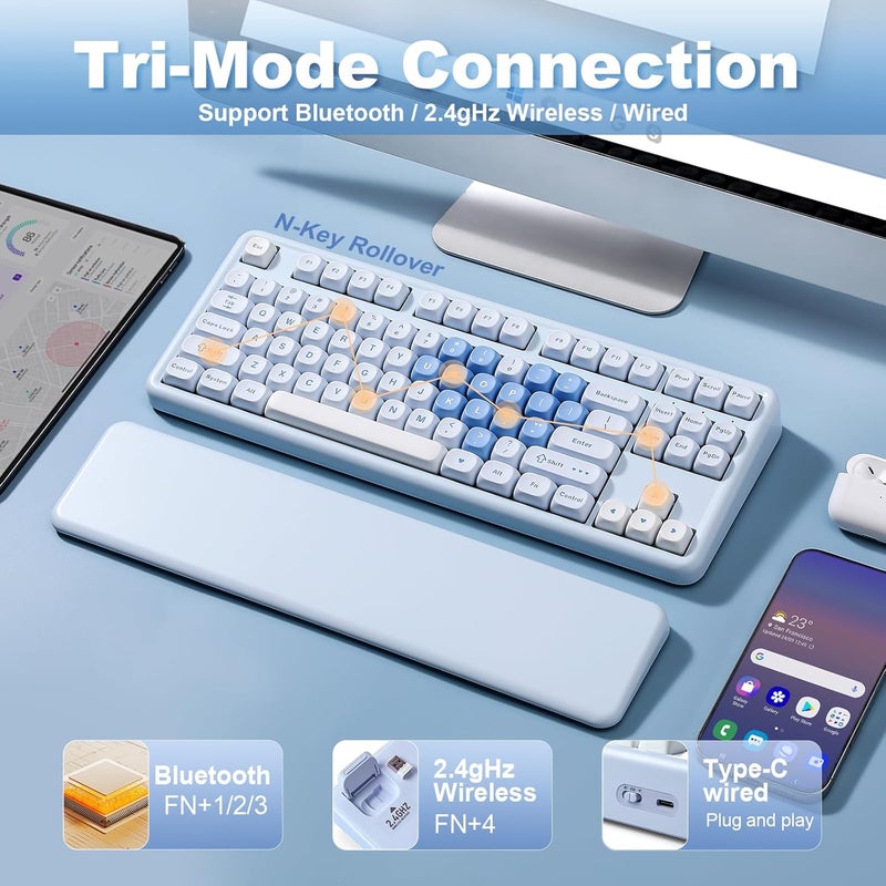 YUNZII B87 Wireless Mechanical Keyboard,QMK/VIA Custom Gaming Keyboard,Gasket RGB Keyboard with Cute MOA Keycaps,Wrist Rest,BT5.0/2.4G/USB-C NKRO for Win/Mac (Blue Heart, Cocoa Cream V2 Switch) - Image 3