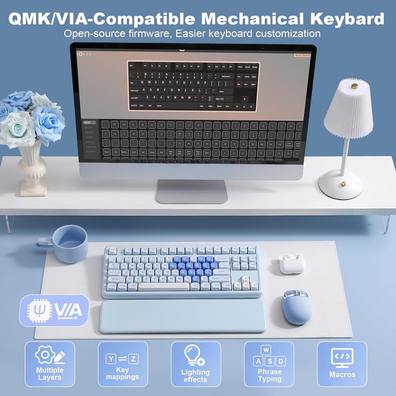 YUNZII B87 Wireless Mechanical Keyboard,QMK/VIA Custom Gaming Keyboard,Gasket RGB Keyboard with Cute MOA Keycaps,Wrist Rest,BT5.0/2.4G/USB-C NKRO for Win/Mac (Blue Heart, Cocoa Cream V2 Switch) - Image 5