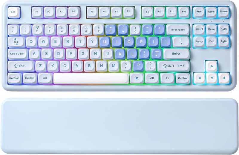 YUNZII B87 Wireless Mechanical Keyboard,QMK/VIA Custom Gaming Keyboard,Gasket RGB Keyboard with Cute MOA Keycaps,Wrist Rest,BT5.0/2.4G/USB-C NKRO for Win/Mac (Blue Heart, Cocoa Cream V2 Switch) - Image 1
