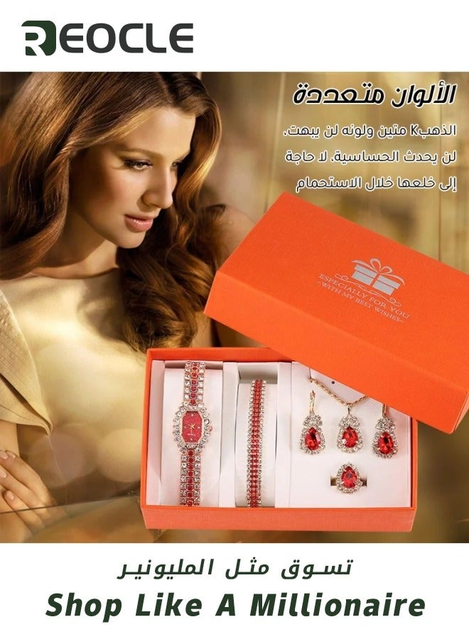 ريوكل مجموعة ساعات نسائية مكونة من 6 قطع بسوار من سبائك معدني وساعة كوارتز فاخرة مع أساور وقلادات وأقراط وخواتم وديكور هدية أنيقة للنساء - Image 3