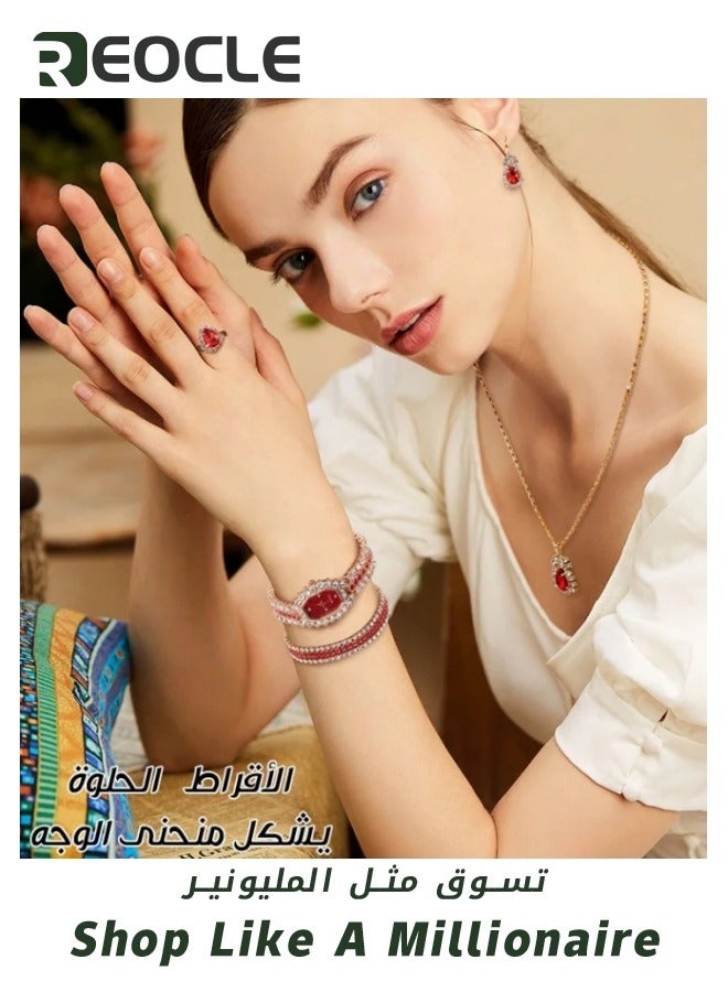 ريوكل مجموعة ساعات نسائية مكونة من 6 قطع بسوار من سبائك معدني وساعة كوارتز فاخرة مع أساور وقلادات وأقراط وخواتم وديكور هدية أنيقة للنساء - Image 4