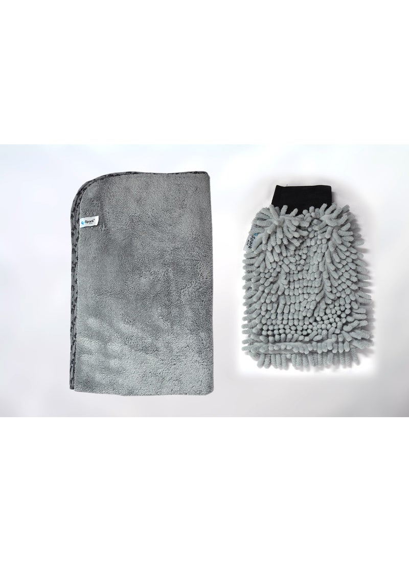 Spark Set of 2 Microfiber Large Size Plush Car Drying Cloth and Chenille Cleaning Gloves  - Image 1