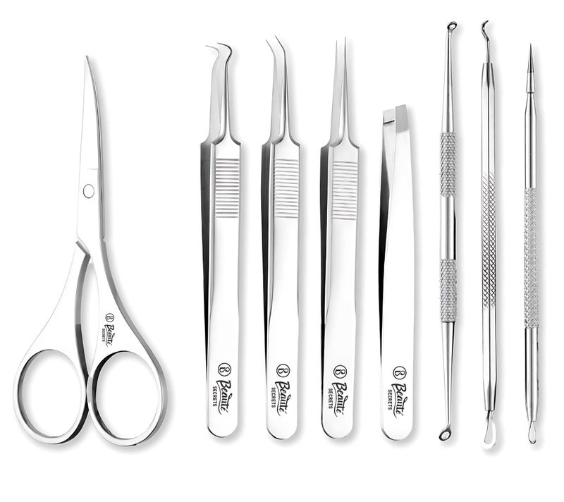Beauté Secrets Blackhead Remover Tool Set of 8, Whitehead Popping Treatment for Blemish, Zit Removing on Nose, Non-Magnetic Straight & Curved Tip Tweezers for Mobile/Gadget/Laptop & Jewelry Repair - Image 2