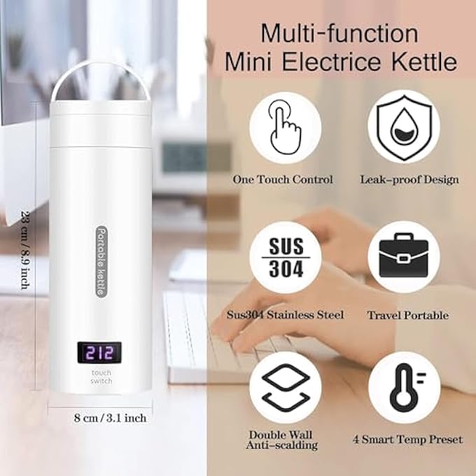 Khazna Travel Electric Kettle Small Portable Electric Kettle 500Ml Tea Kettle With 4 Variable Presets 304 Stainless Steel Travel Water Boiler Auto ShutOff  Boil Dry Protection Bpa Free White - Image 2