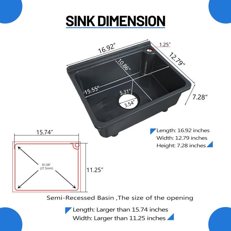 shawoo kitchen Single Bowl Utility Sink, Kitchen Wall-Mounted Sink 16.9 x 12.8 Inch With 1.26 inch faucet hole, Plastic rv sink for Home, Restaurant, Dorm, Garage, Bathroom,Laundry (grey, 16.9 * 12.8 * 7.1) - Image 3