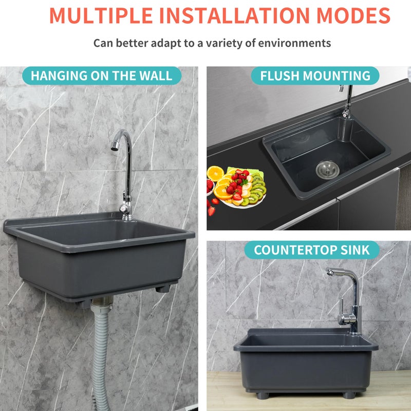shawoo kitchen Single Bowl Utility Sink, Kitchen Wall-Mounted Sink 16.9 x 12.8 Inch With 1.26 inch faucet hole, Plastic rv sink for Home, Restaurant, Dorm, Garage, Bathroom,Laundry (grey, 16.9 * 12.8 * 7.1) - Image 2