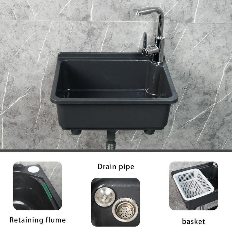 shawoo kitchen Single Bowl Utility Sink, Kitchen Wall-Mounted Sink 16.9 x 12.8 Inch With 1.26 inch faucet hole, Plastic rv sink for Home, Restaurant, Dorm, Garage, Bathroom,Laundry (grey, 16.9 * 12.8 * 7.1) - Image 5