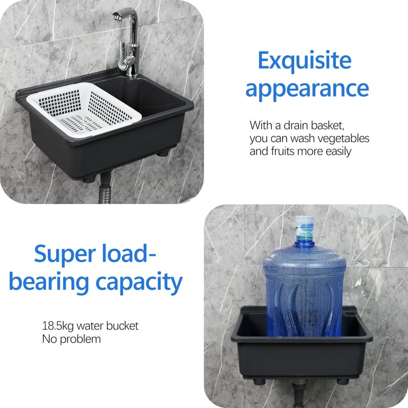 shawoo kitchen Single Bowl Utility Sink, Kitchen Wall-Mounted Sink 16.9 x 12.8 Inch With 1.26 inch faucet hole, Plastic rv sink for Home, Restaurant, Dorm, Garage, Bathroom,Laundry (grey, 16.9 * 12.8 * 7.1) - Image 4