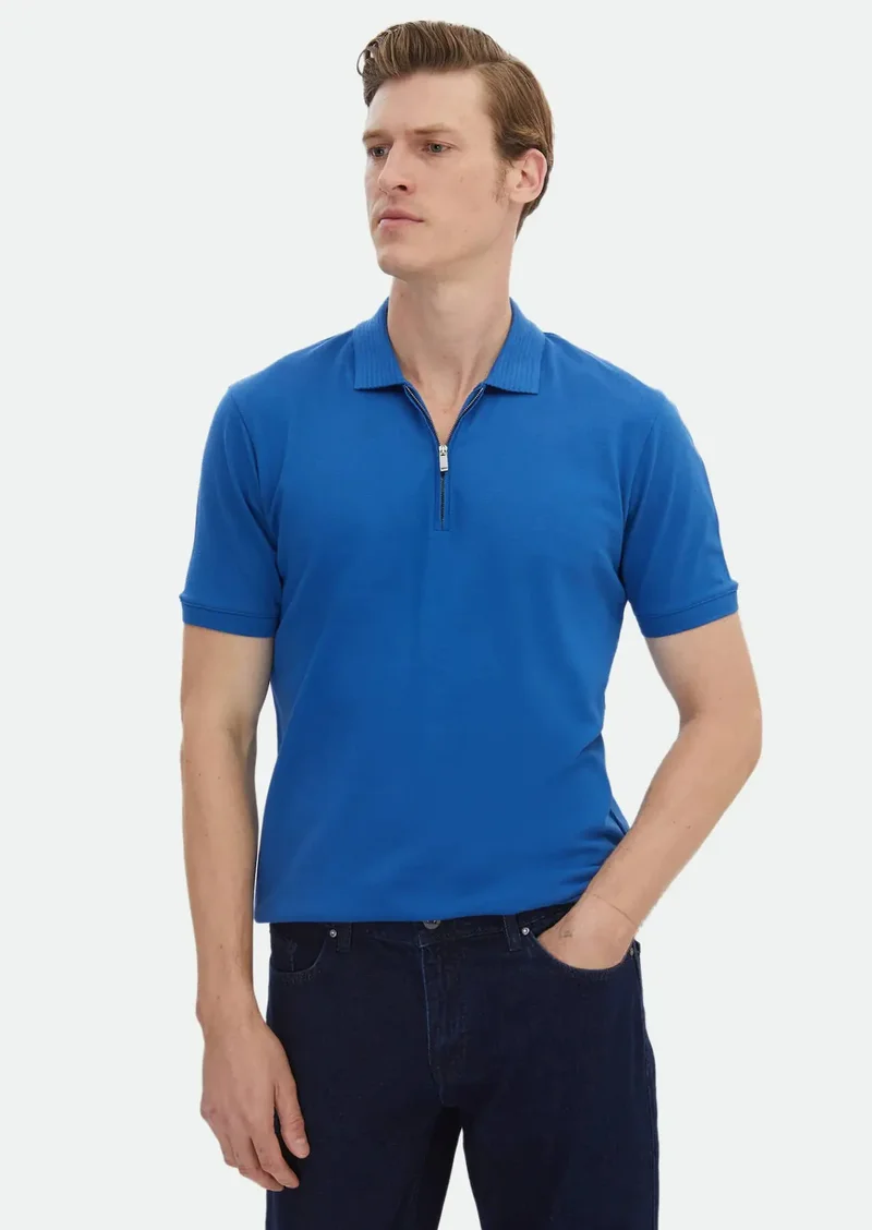 رامسي تيشيرت بولو أزرق سادة بياقة عالية مصنوع من القطن بنسبة 100%
