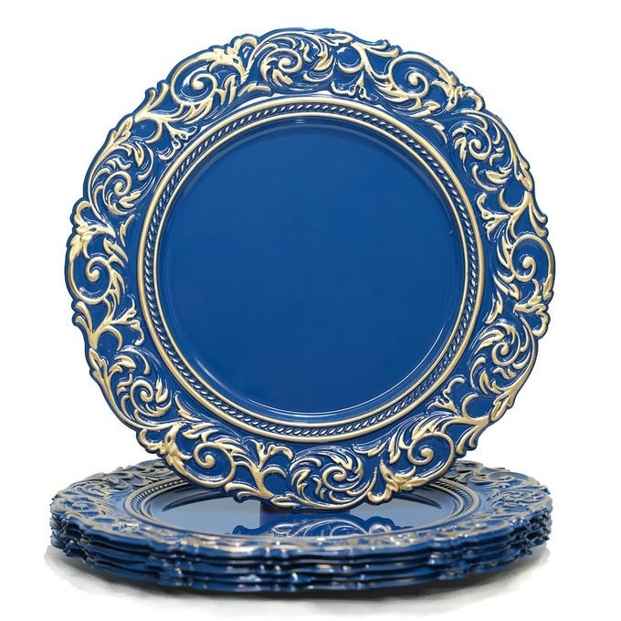 ANTIQUE CHARGER PLATES WITH GOLD RIM 13 INCH ROYAL BLUE DINNER PLATE CHARGERS ROUND SERVER WARE SET OF 6 PLASTIC EMBOSSED CHARGER FOR DINNER WEDDING ELEGANT TABLEWARE DECOR