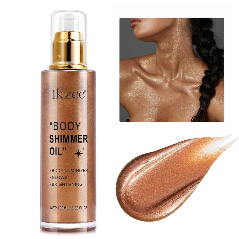Body Shimmer Oil 100ml Moisturizing Long Lasting Body Luminizer Face Brighten Waterproof Liquid Illuminator Body Glow Shimmer Body Glitter Oil Highlighter Summer Glowing Makeup 03 Bronze Gold
