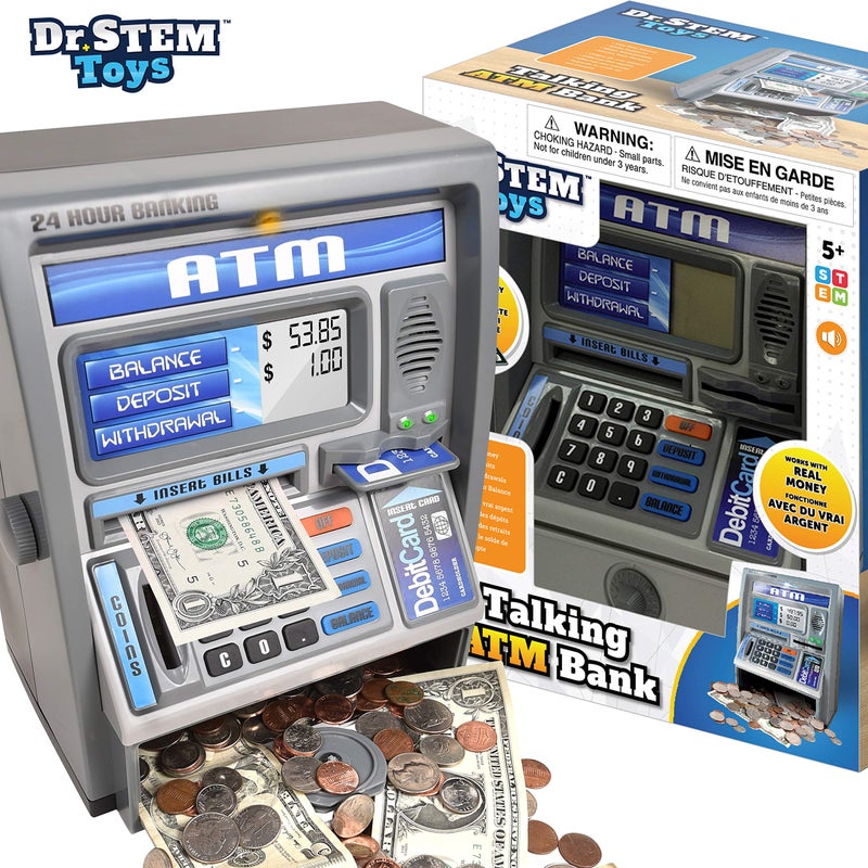 Dr. STEM Toys آلة الصرافة المتحدثة للأطفال من دكتور ستيم، صندوق ادخار على شكل خنزير مع شاشة رقمية، آلة حاسبة إلكترونية تحسب المال الحقيقي، وصندوق آمن للأطفال، فضي - Image 2