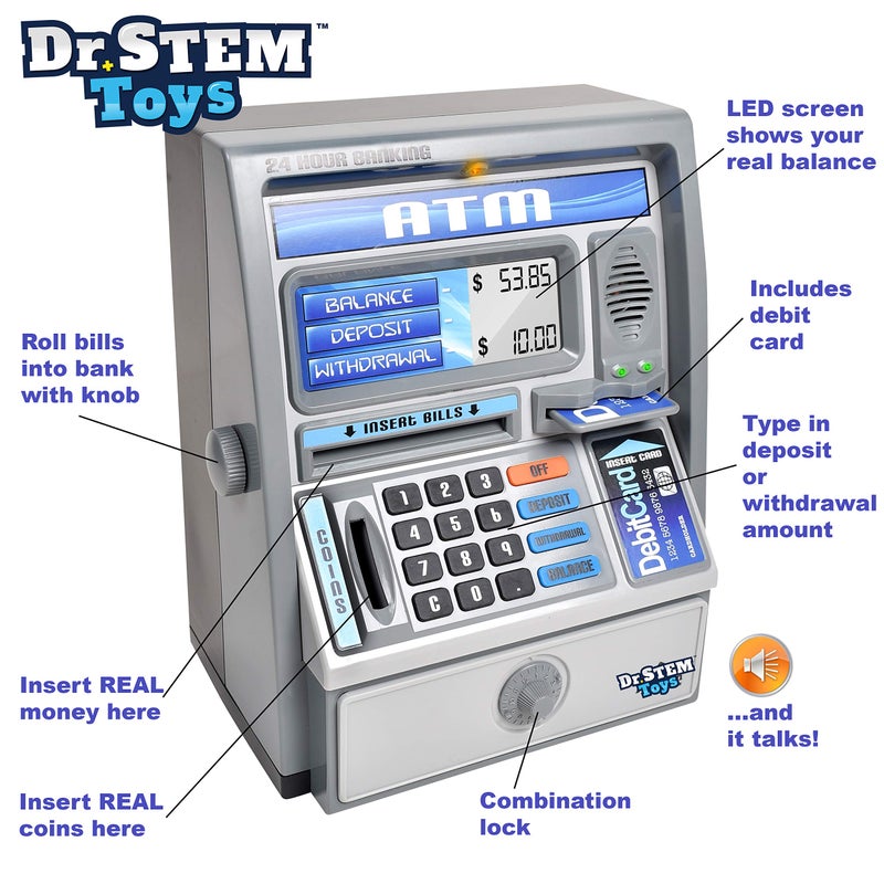 Dr. STEM Toys آلة الصرافة المتحدثة للأطفال من دكتور ستيم، صندوق ادخار على شكل خنزير مع شاشة رقمية، آلة حاسبة إلكترونية تحسب المال الحقيقي، وصندوق آمن للأطفال، فضي - Image 4