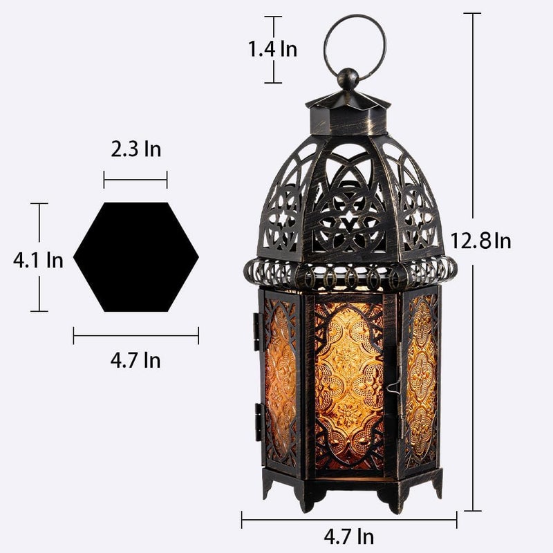 DECORKEY Vintage Large Size Decorative Ramadan Candle Lantern, 12.8â€™â€™ Metal Hanging&Tabletop Moroccan Lantern Candle Holder Decor, Halloween Christmas Decorations for Home Indoor Outdoor Patio (Amber) - Image 5