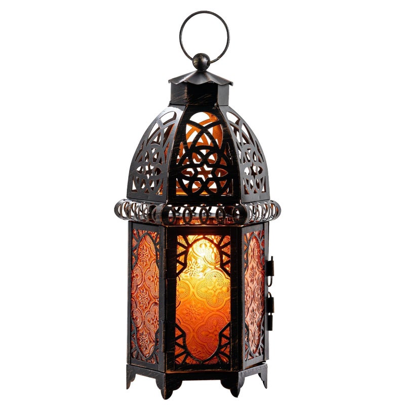 DECORKEY Vintage Large Size Decorative Ramadan Candle Lantern, 12.8â€™â€™ Metal Hanging&Tabletop Moroccan Lantern Candle Holder Decor, Halloween Christmas Decorations for Home Indoor Outdoor Patio (Amber) - Image 1