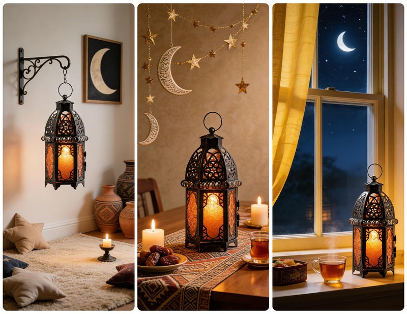 DECORKEY Vintage Large Size Decorative Ramadan Candle Lantern, 12.8â€™â€™ Metal Hanging&Tabletop Moroccan Lantern Candle Holder Decor, Halloween Christmas Decorations for Home Indoor Outdoor Patio (Amber) - Image 2