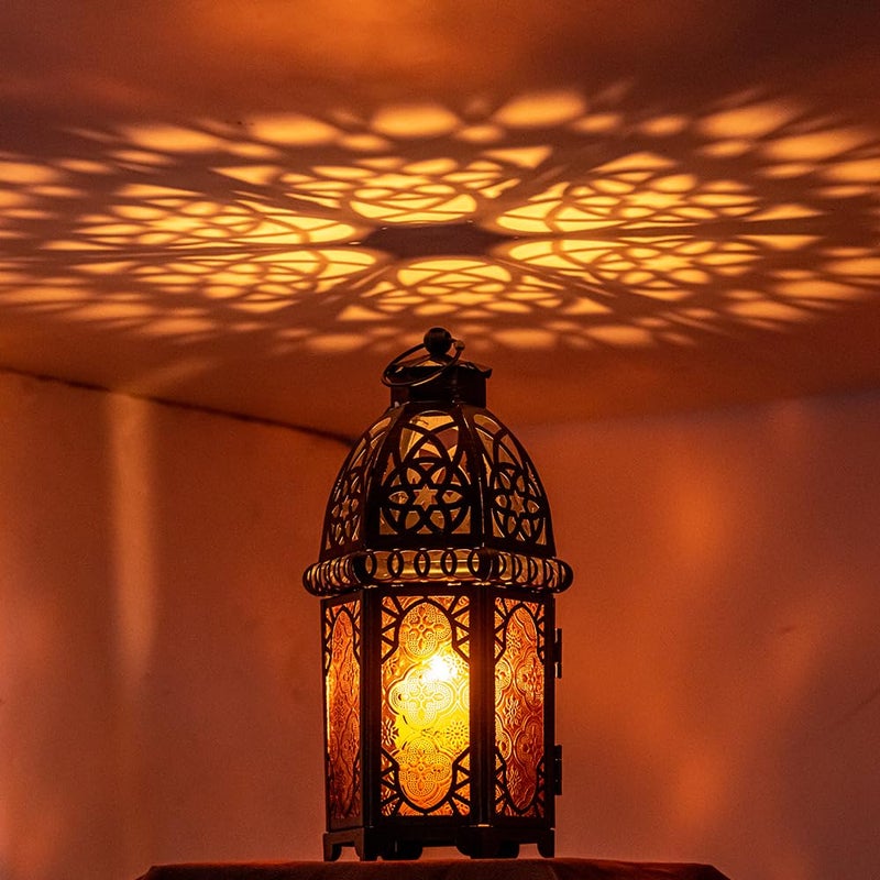 DECORKEY Vintage Large Size Decorative Ramadan Candle Lantern, 12.8â€™â€™ Metal Hanging&Tabletop Moroccan Lantern Candle Holder Decor, Halloween Christmas Decorations for Home Indoor Outdoor Patio (Amber) - Image 4